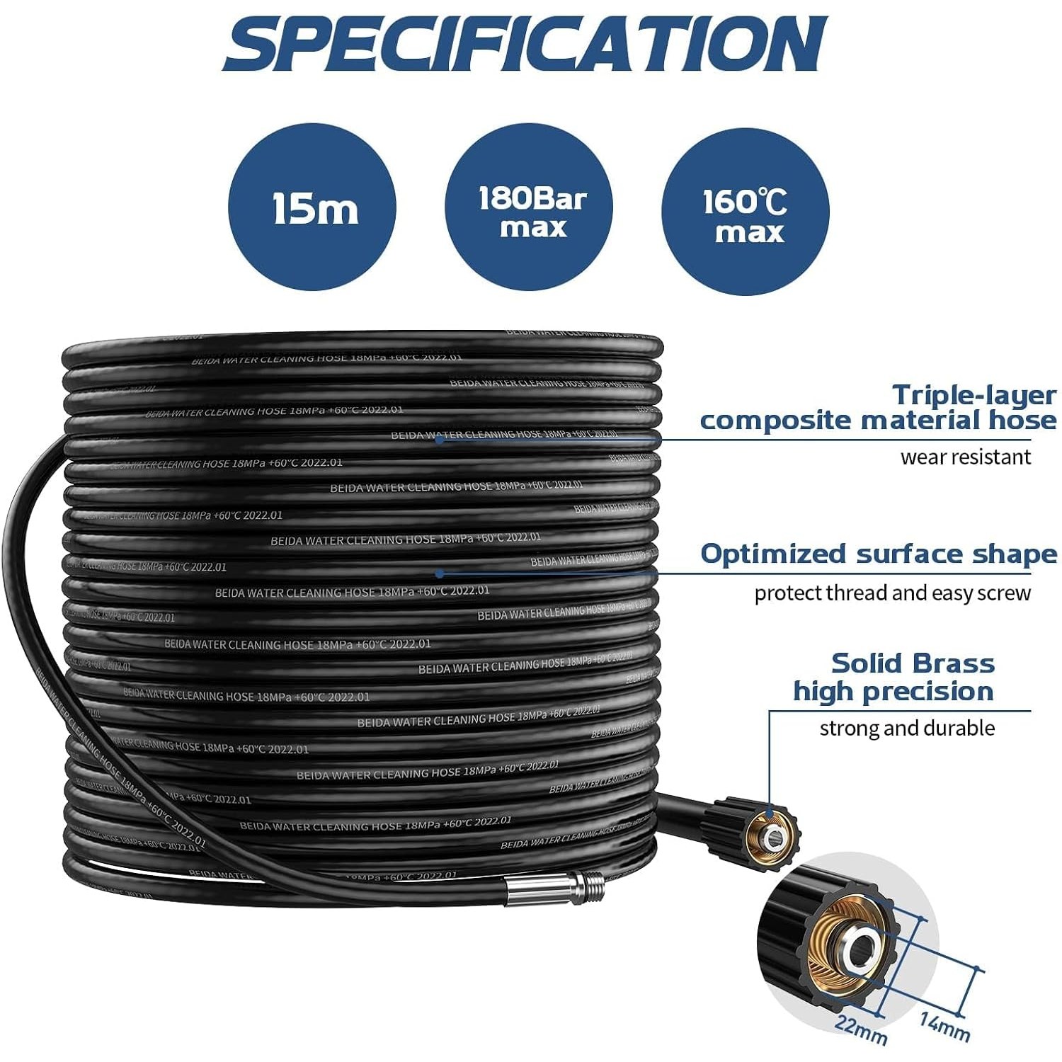 15m Pressure Washer Drain Cleaning Hose with Fixed and Rotating Nozzles