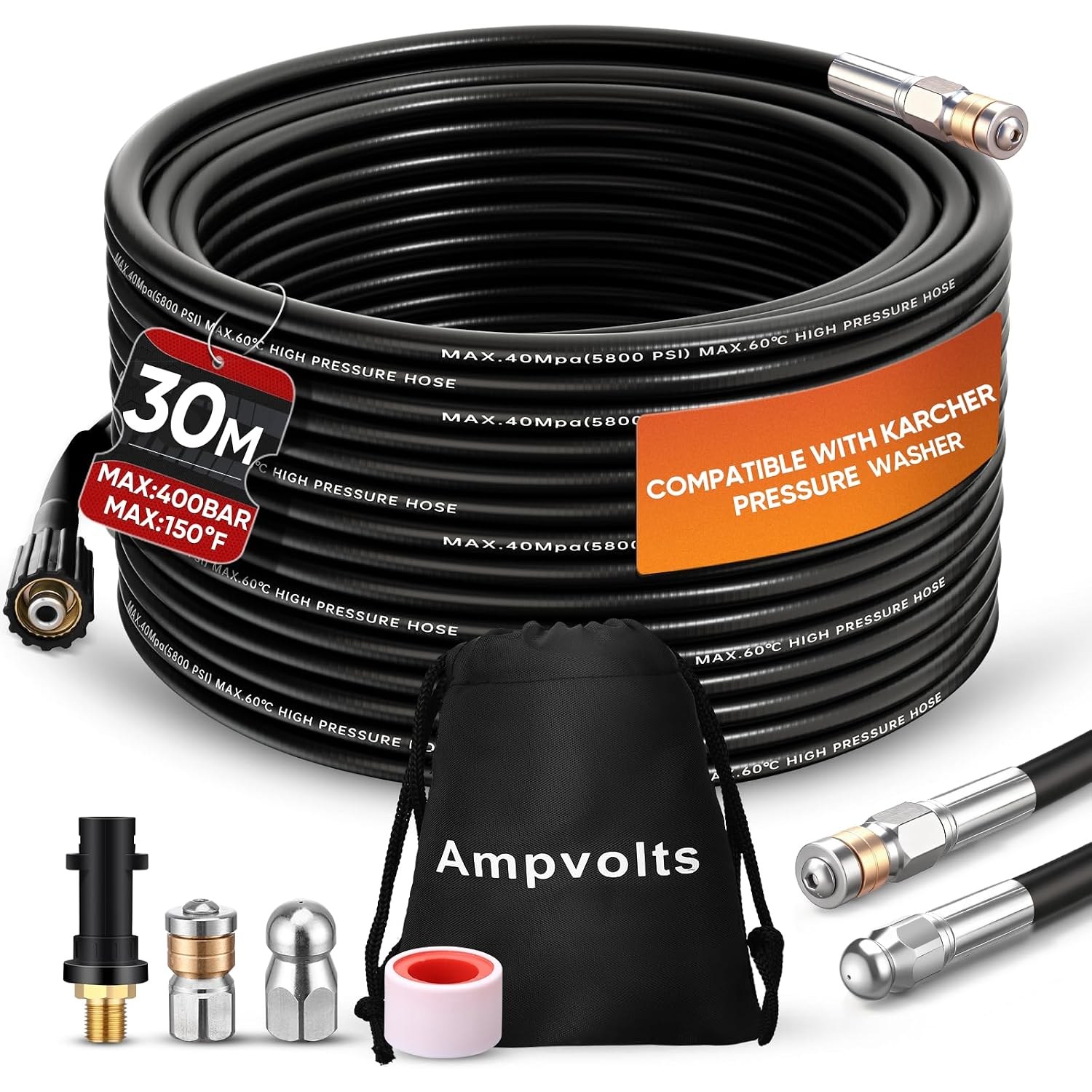 30m Pressure Washer Pipe Cleaning Hose Kit with Rotary and Corner Nozzles