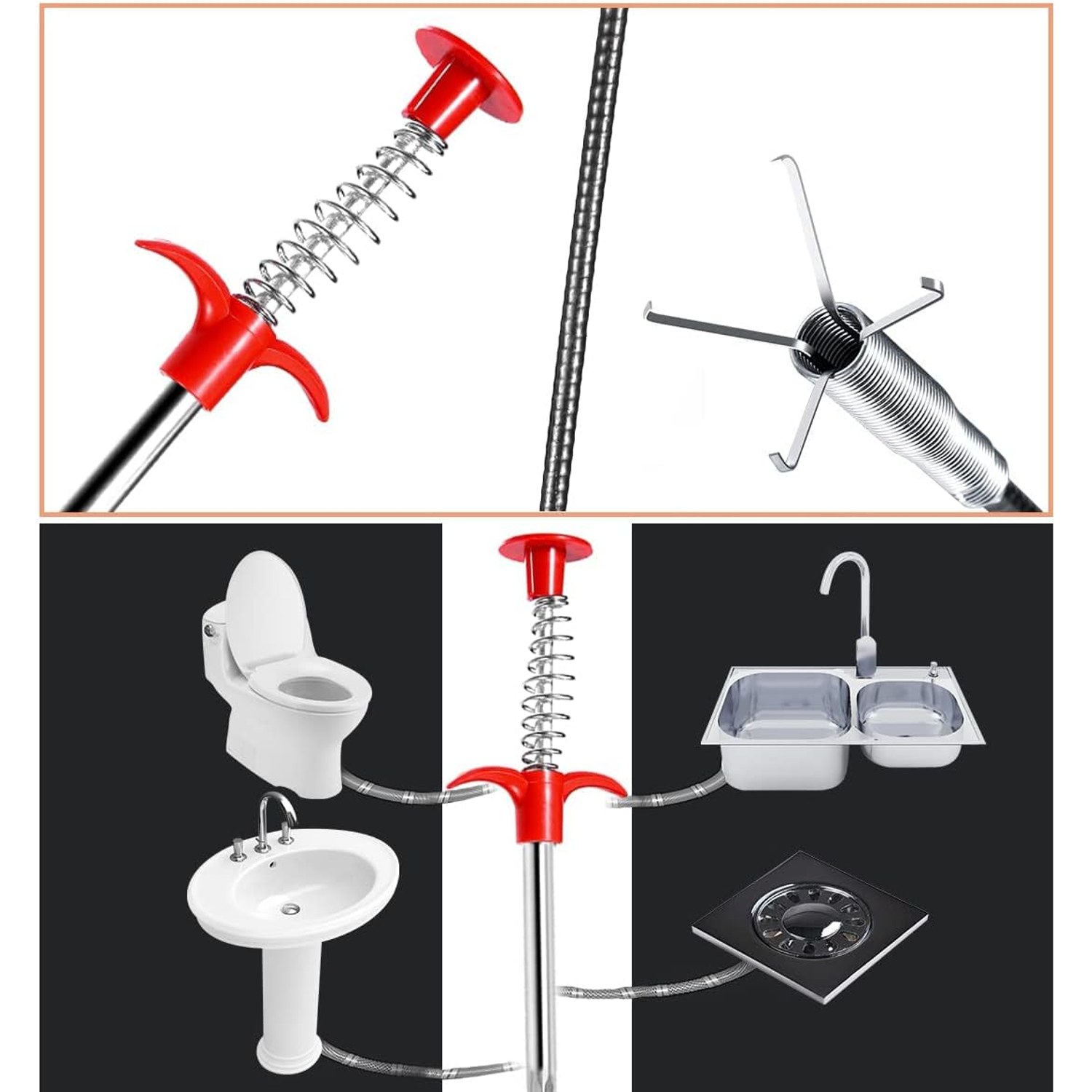 3 Piece Drain Snake Set with Grabber Claw and Cleaning Brush