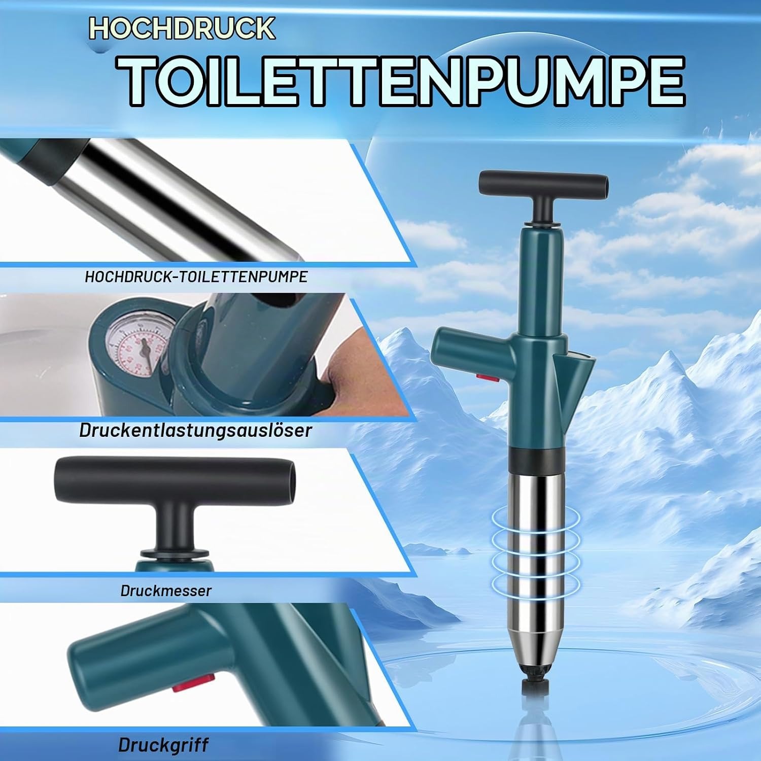 Air Pressure Drain Cleaner Pump with Pressure Gauge and 4 Heads: image 2