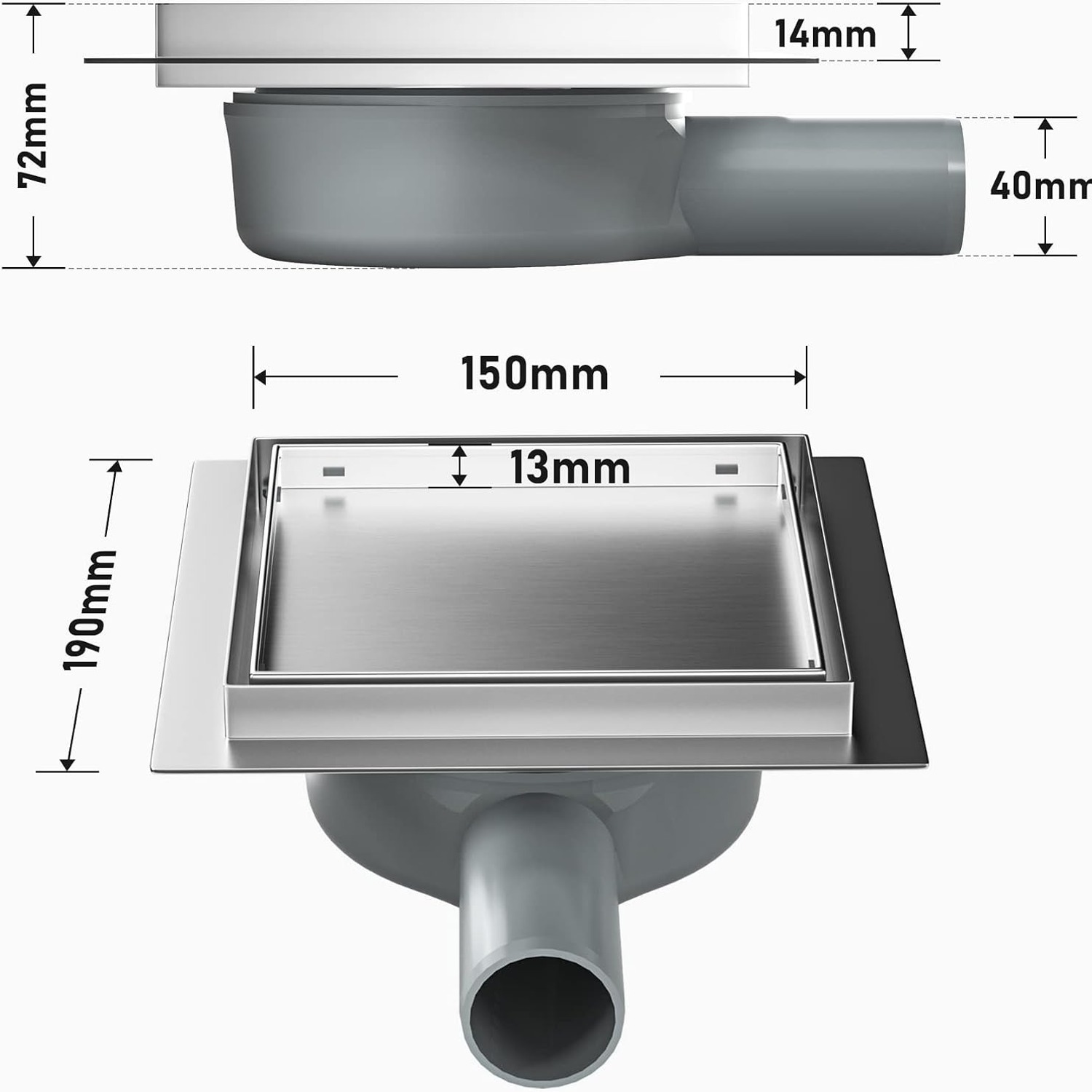 Bernkot 150mm Square Tileable Shower Drain with Siphon