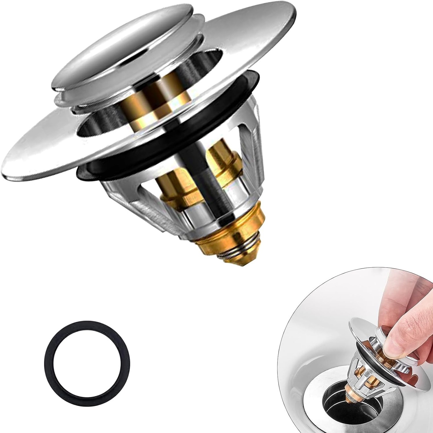 Pop Up Basin Plug with Built-In Hair Strainer, 34 to 38mm