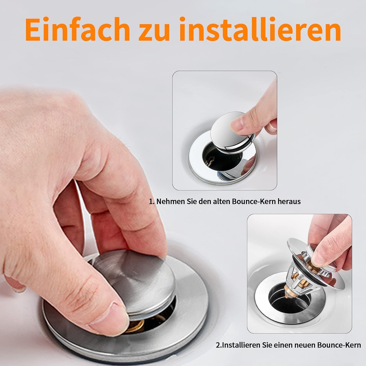 Pop Up Basin Plug with Built-In Hair Strainer, 34 to 38mm
